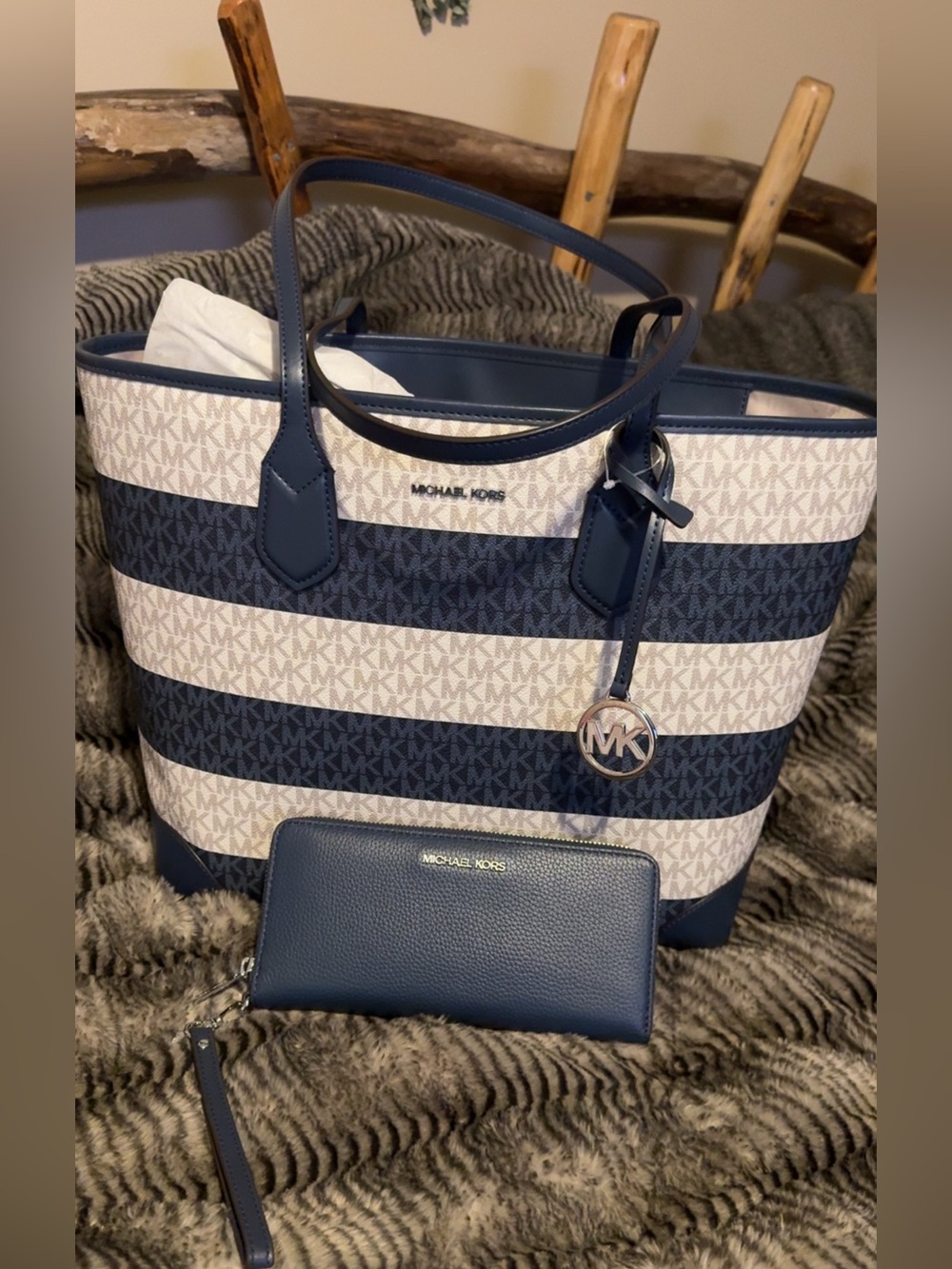 Michael Kors Navy Blue and Cream Striped Logo Tote with Matching Wallet BNWT!
